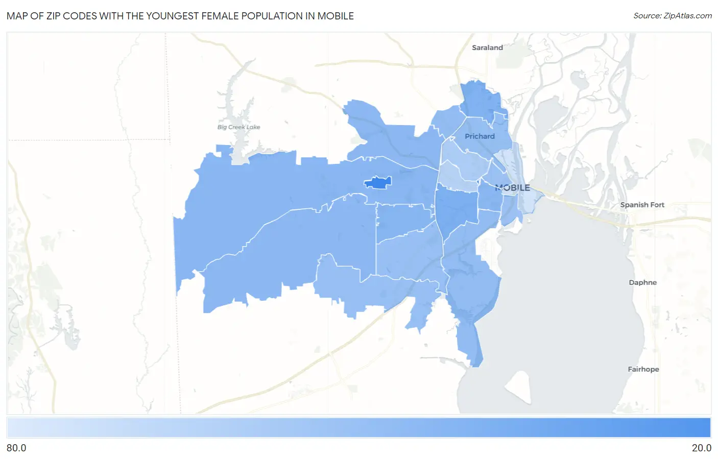 Zip Codes with the Youngest Female Population in Mobile Map