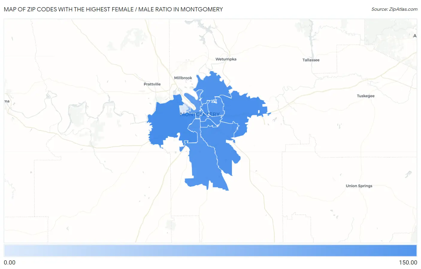 Zip Codes with the Highest Female / Male Ratio in Montgomery Map