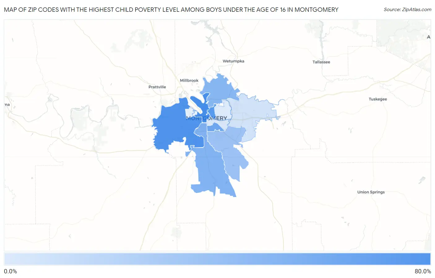 Zip Codes with the Highest Child Poverty Level Among Boys Under the Age of 16 in Montgomery Map