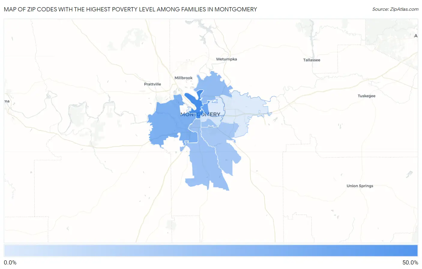 Zip Codes with the Highest Poverty Level Among Families in Montgomery Map