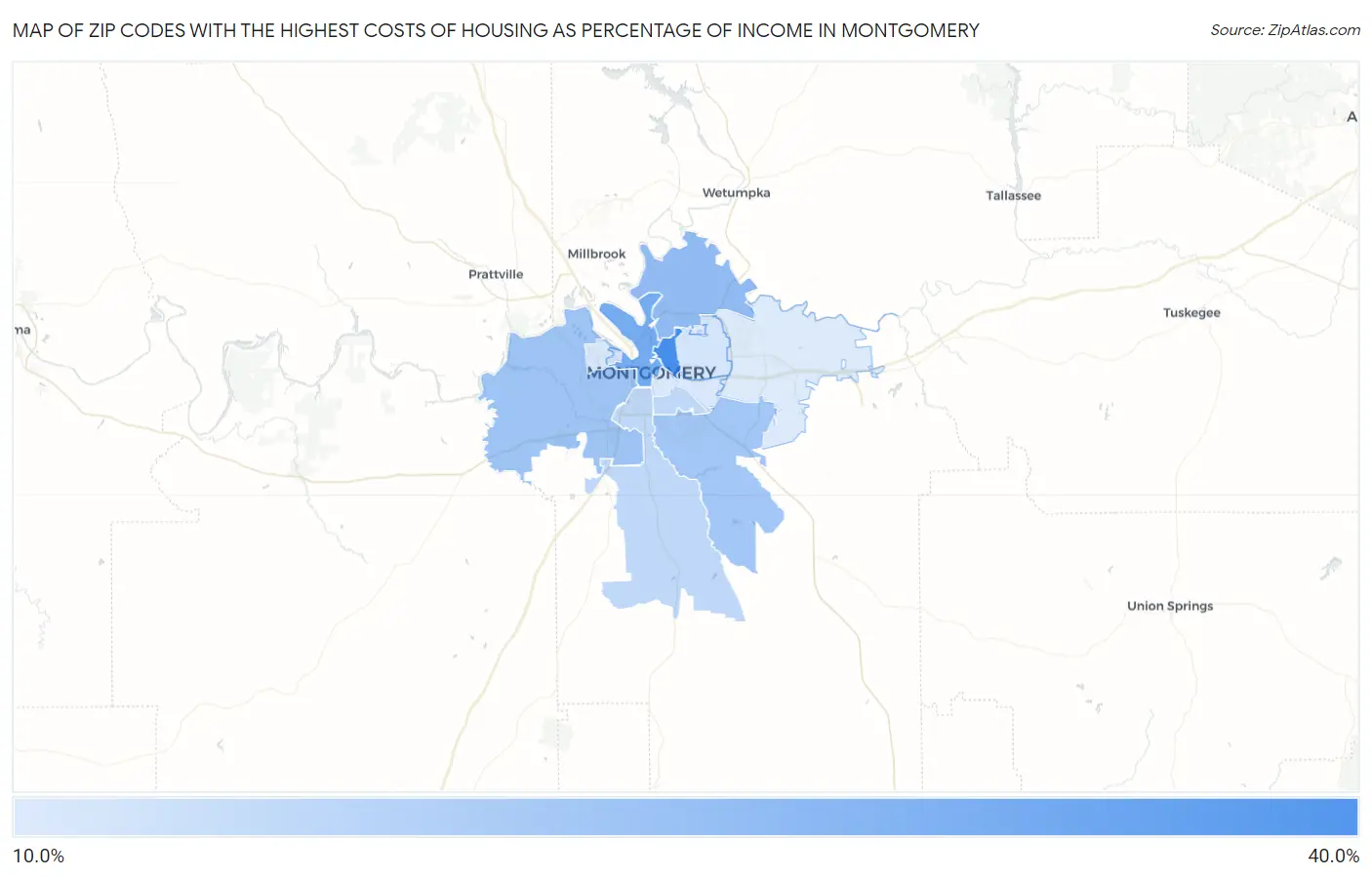 Zip Codes with the Highest Costs of Housing as Percentage of Income in Montgomery Map