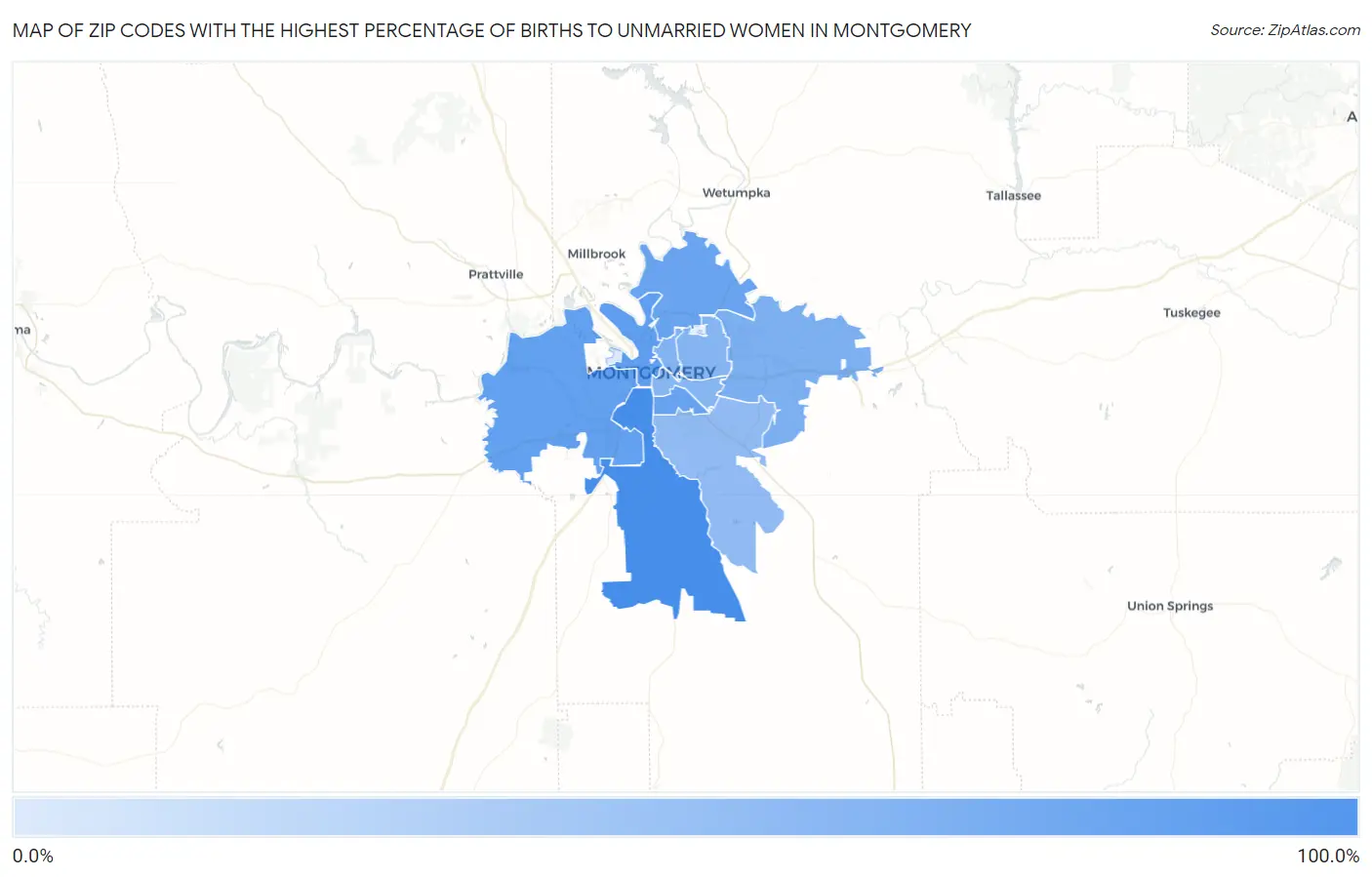 Zip Codes with the Highest Percentage of Births to Unmarried Women in Montgomery Map