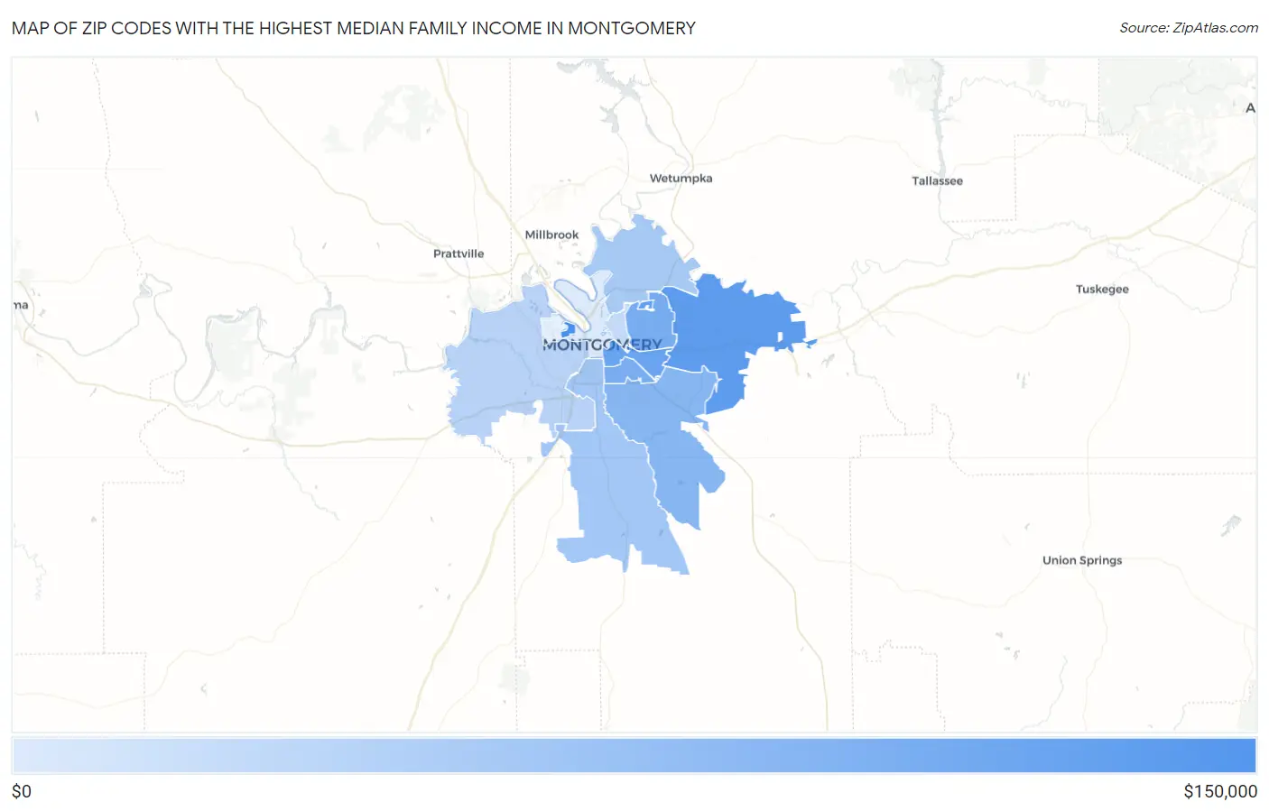 Zip Codes with the Highest Median Family Income in Montgomery Map