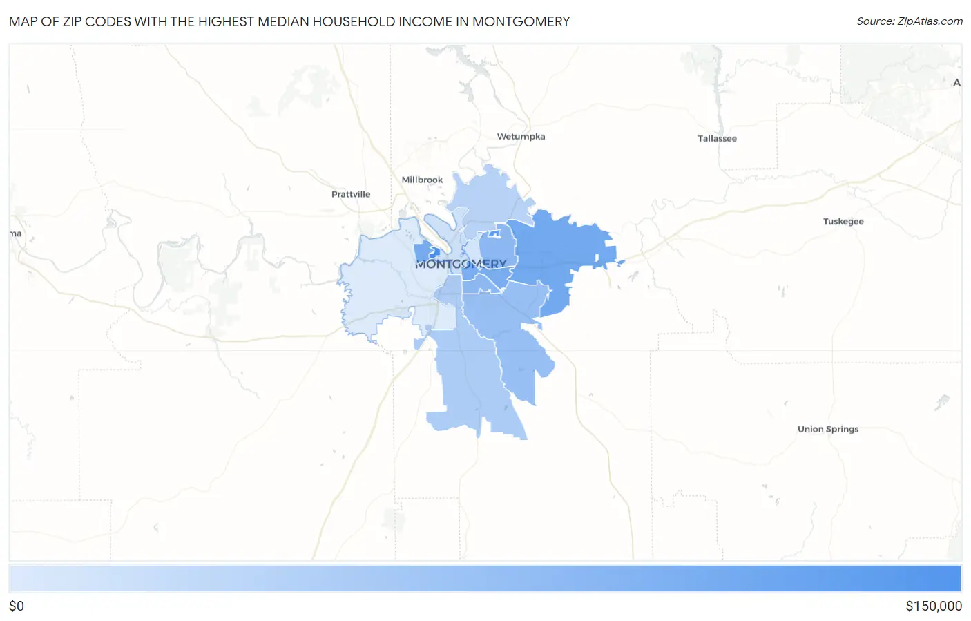 Zip Codes with the Highest Median Household Income in Montgomery Map