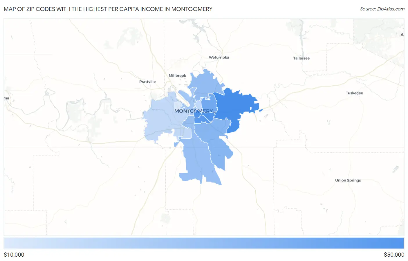 Zip Codes with the Highest Per Capita Income in Montgomery Map