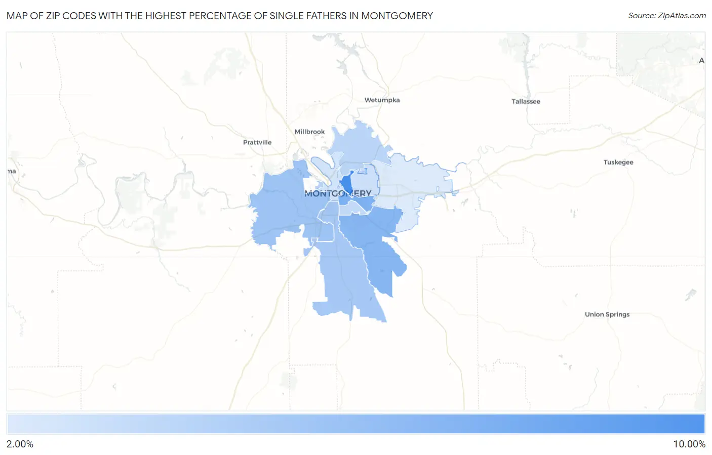 Zip Codes with the Highest Percentage of Single Fathers in Montgomery Map