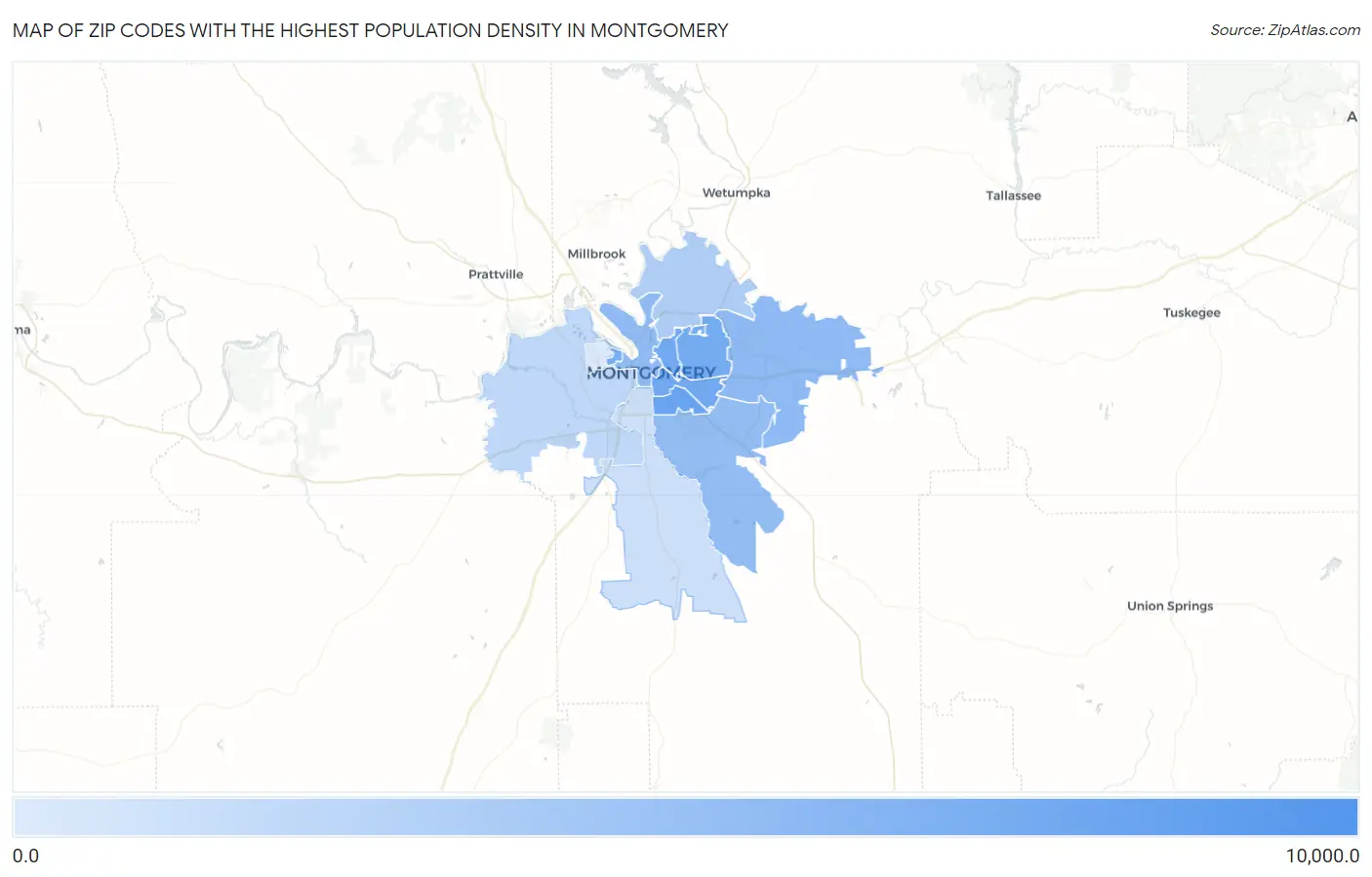 Zip Codes with the Highest Population Density in Montgomery Map