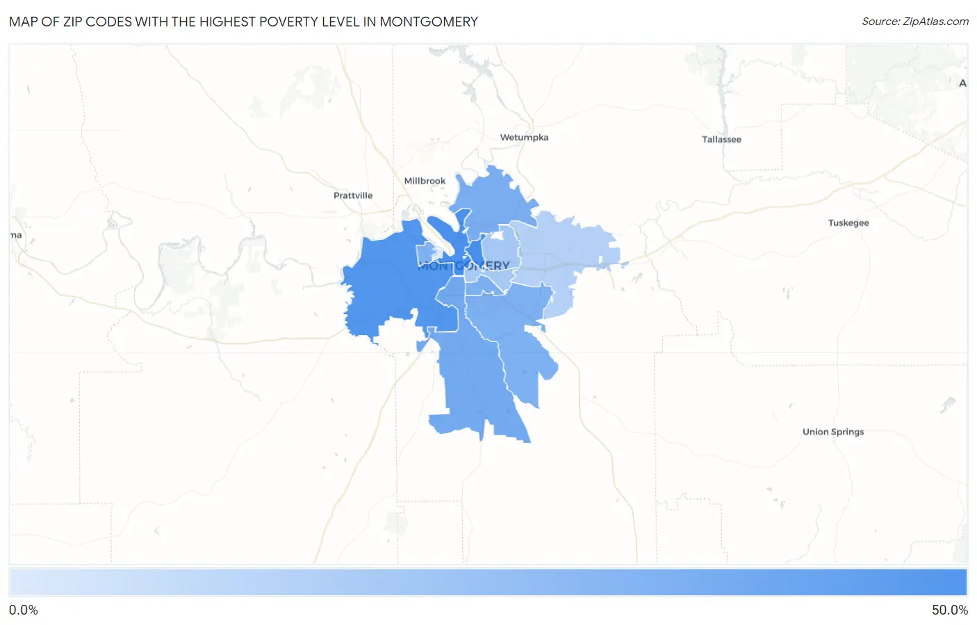 Zip Codes with the Highest Poverty Level in Montgomery Map