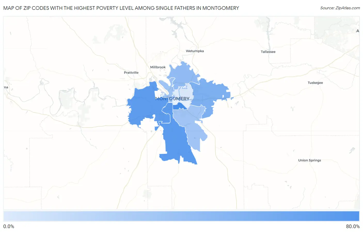 Zip Codes with the Highest Poverty Level Among Single Fathers in Montgomery Map
