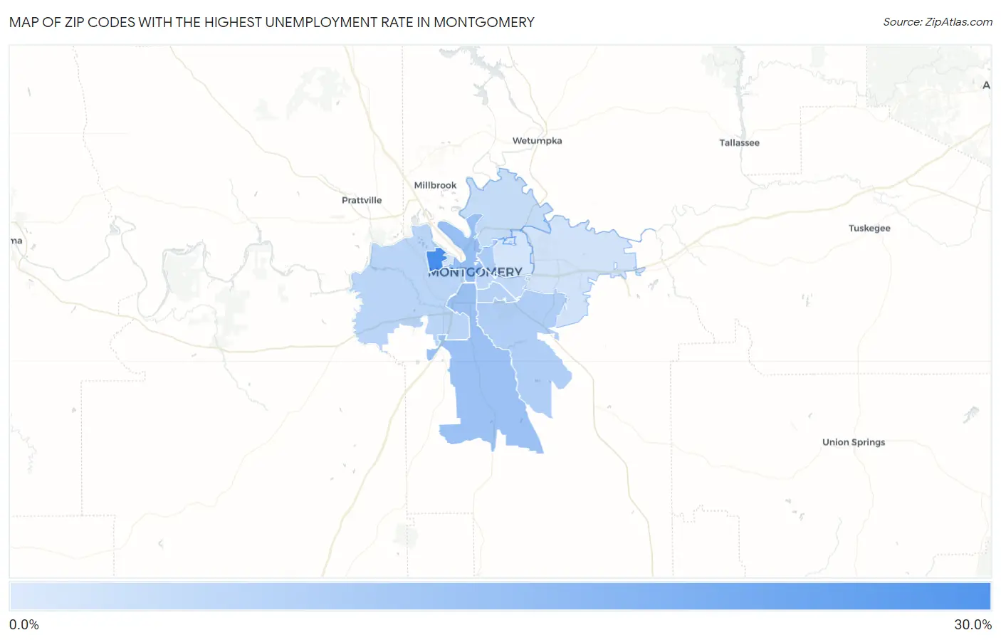 Zip Codes with the Highest Unemployment Rate in Montgomery Map