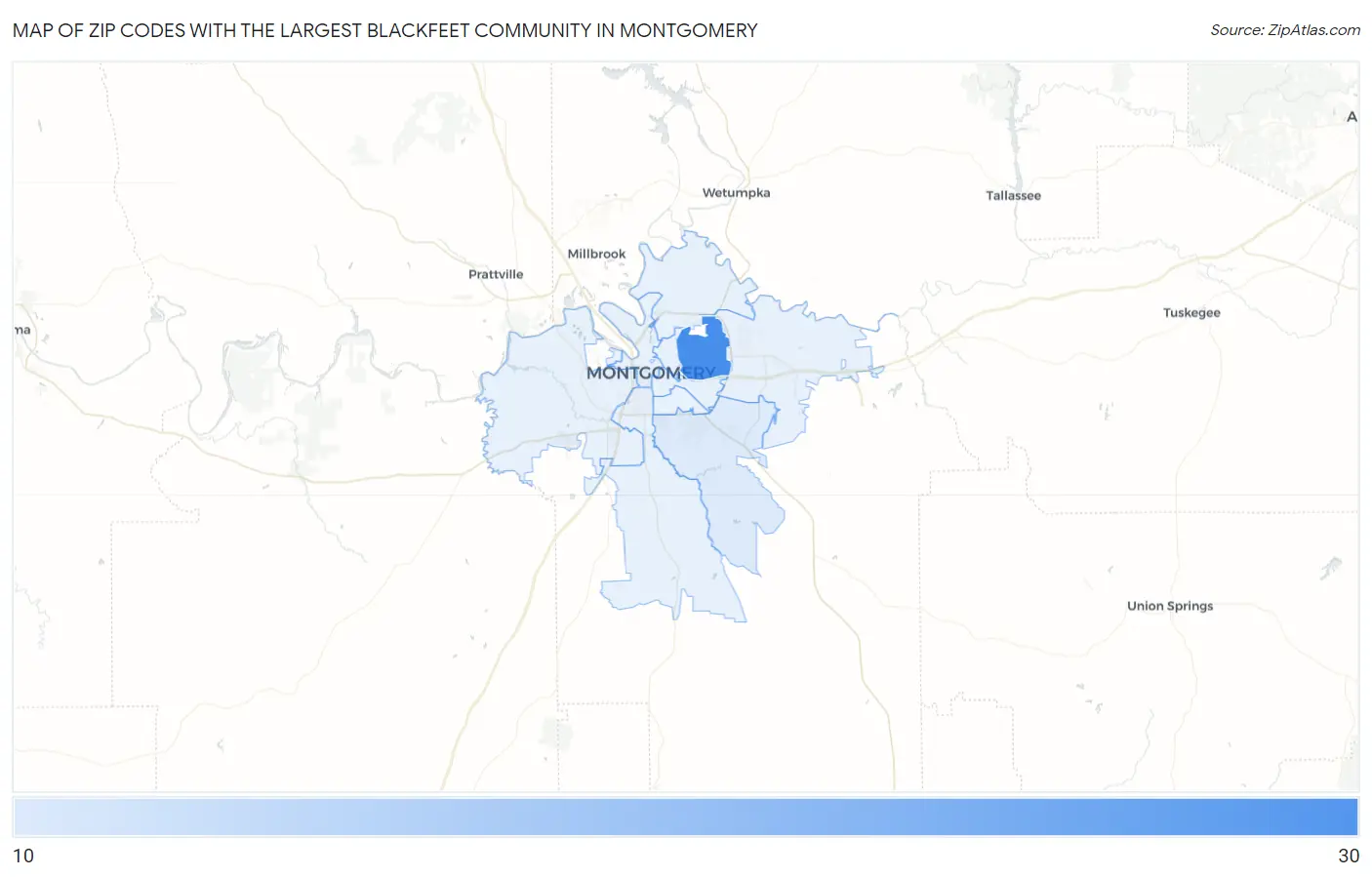 Zip Codes with the Largest Blackfeet Community in Montgomery Map