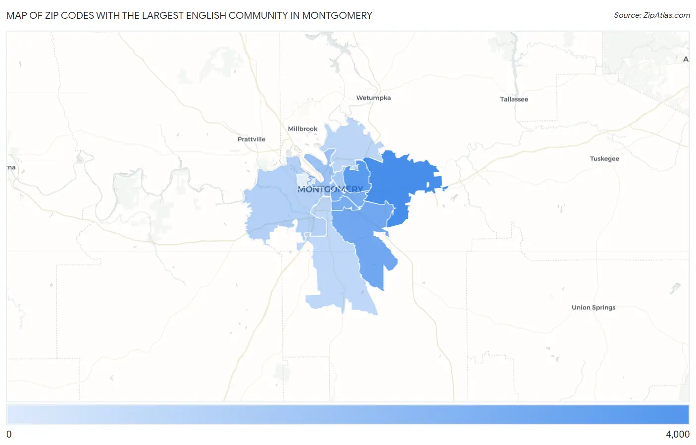 Zip Codes with the Largest English Community in Montgomery Map