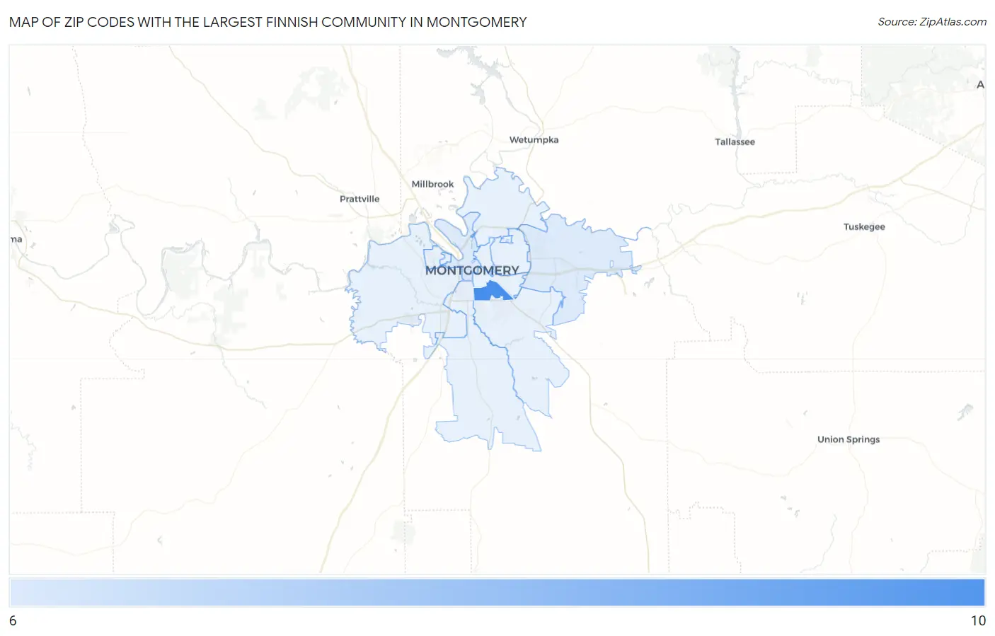 Zip Codes with the Largest Finnish Community in Montgomery Map