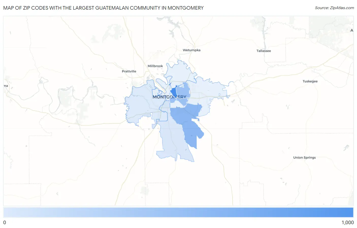 Zip Codes with the Largest Guatemalan Community in Montgomery Map