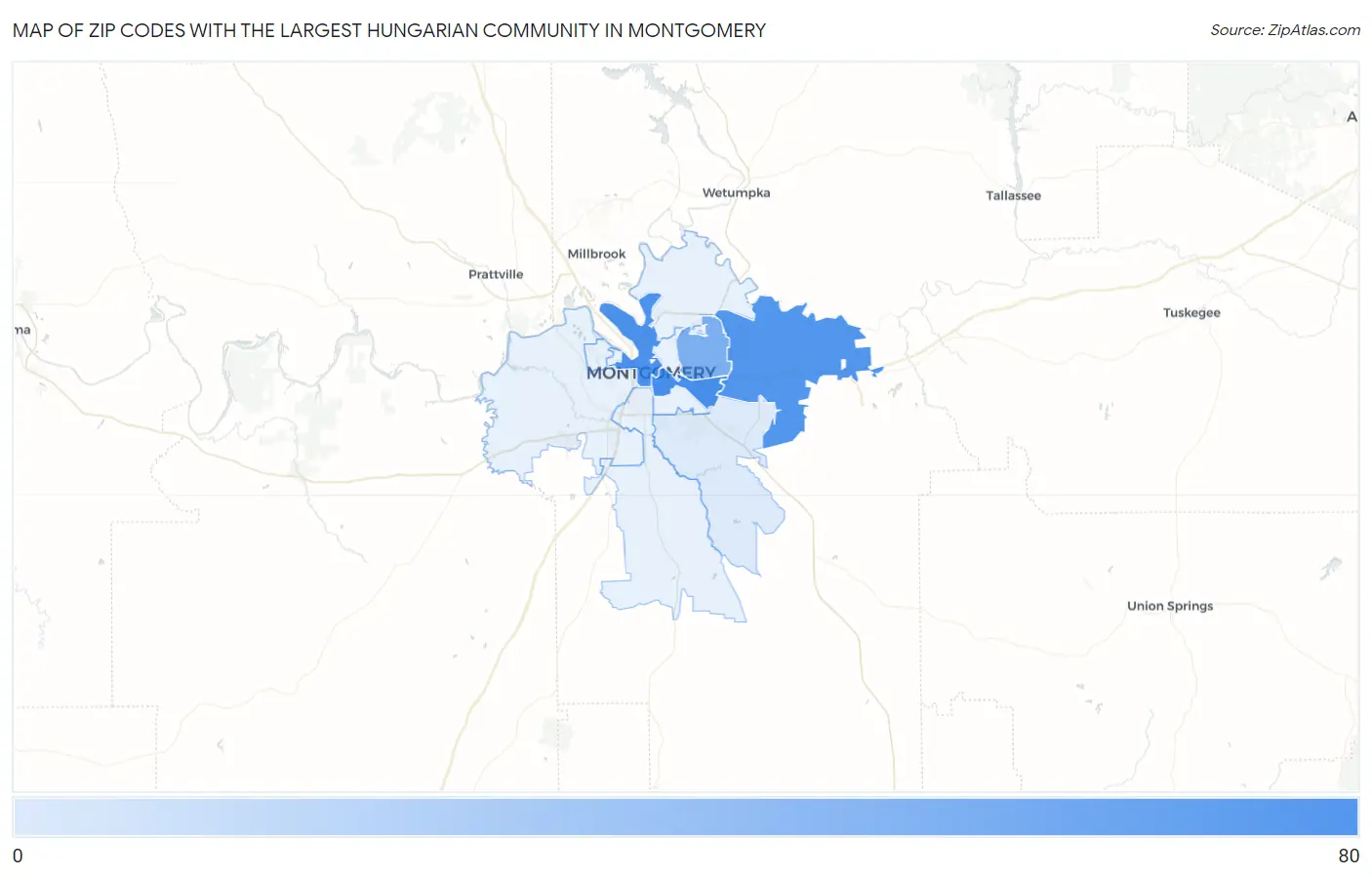 Zip Codes with the Largest Hungarian Community in Montgomery Map