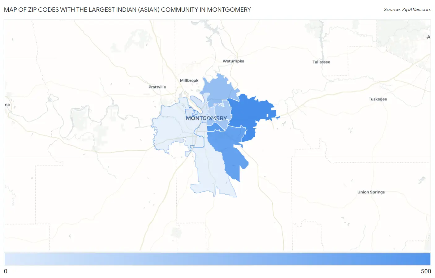 Zip Codes with the Largest Indian (Asian) Community in Montgomery Map