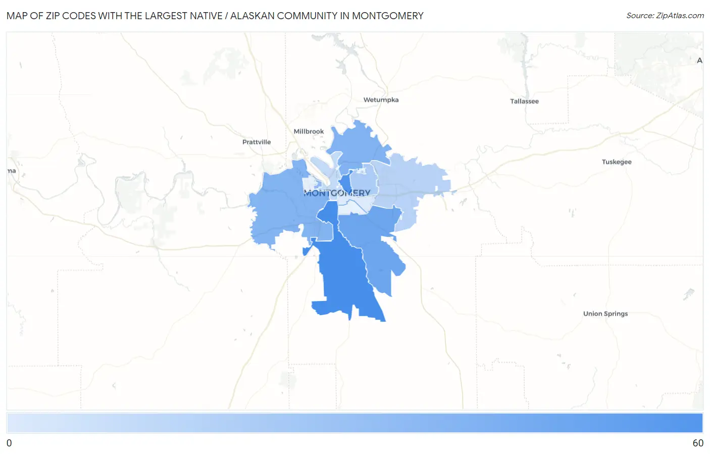 Zip Codes with the Largest Native / Alaskan Community in Montgomery Map