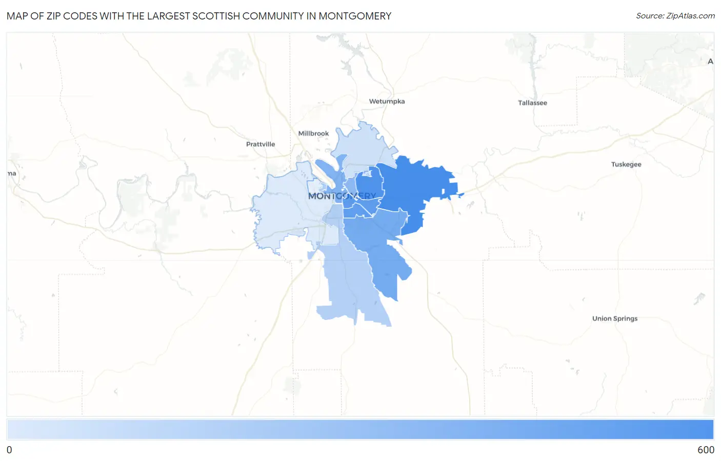 Zip Codes with the Largest Scottish Community in Montgomery Map