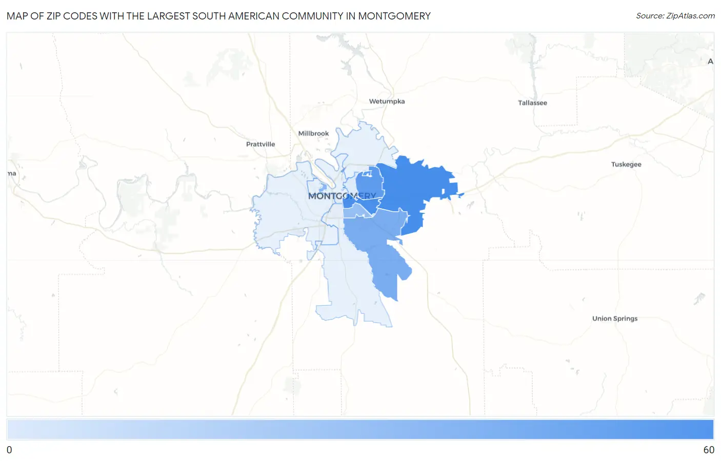 Zip Codes with the Largest South American Community in Montgomery Map