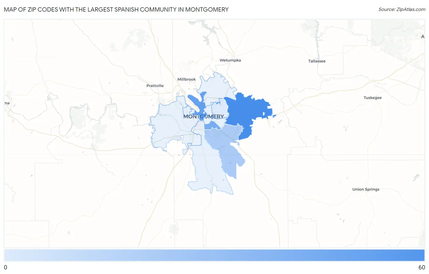 Zip Codes with the Largest Spanish Community in Montgomery Map
