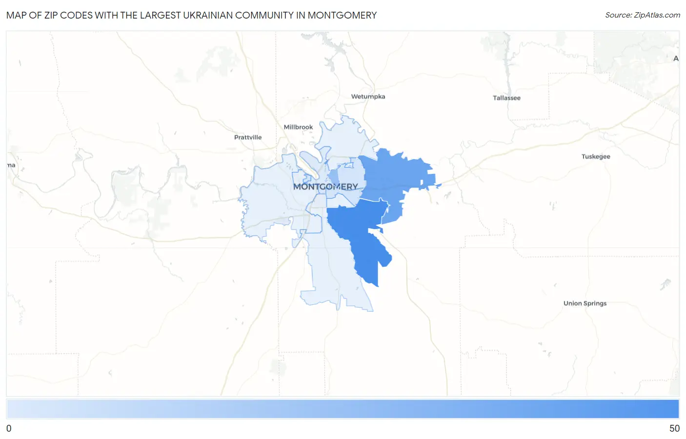 Zip Codes with the Largest Ukrainian Community in Montgomery Map