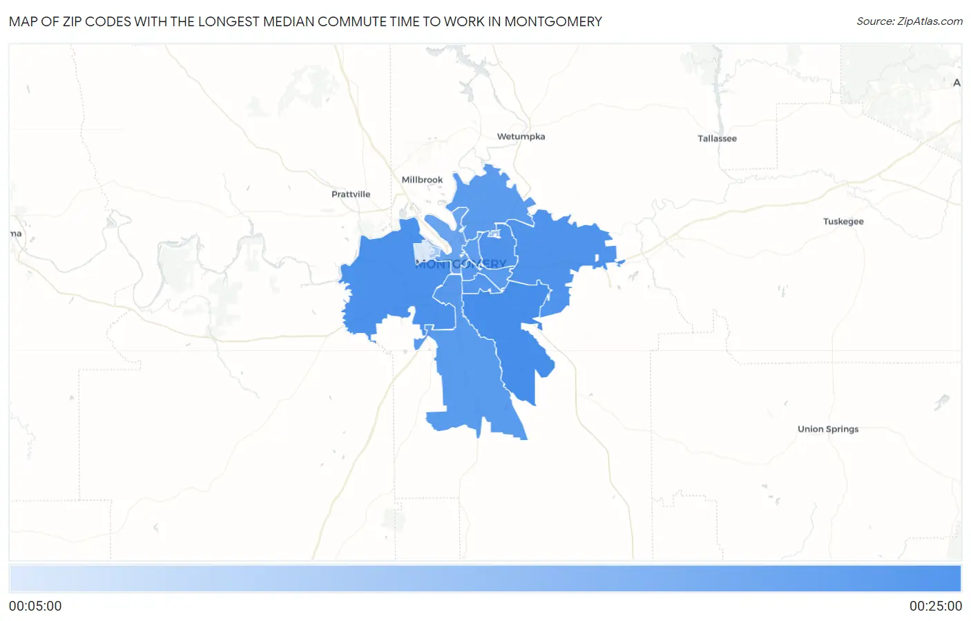 Zip Codes with the Longest Median Commute Time to Work in Montgomery Map