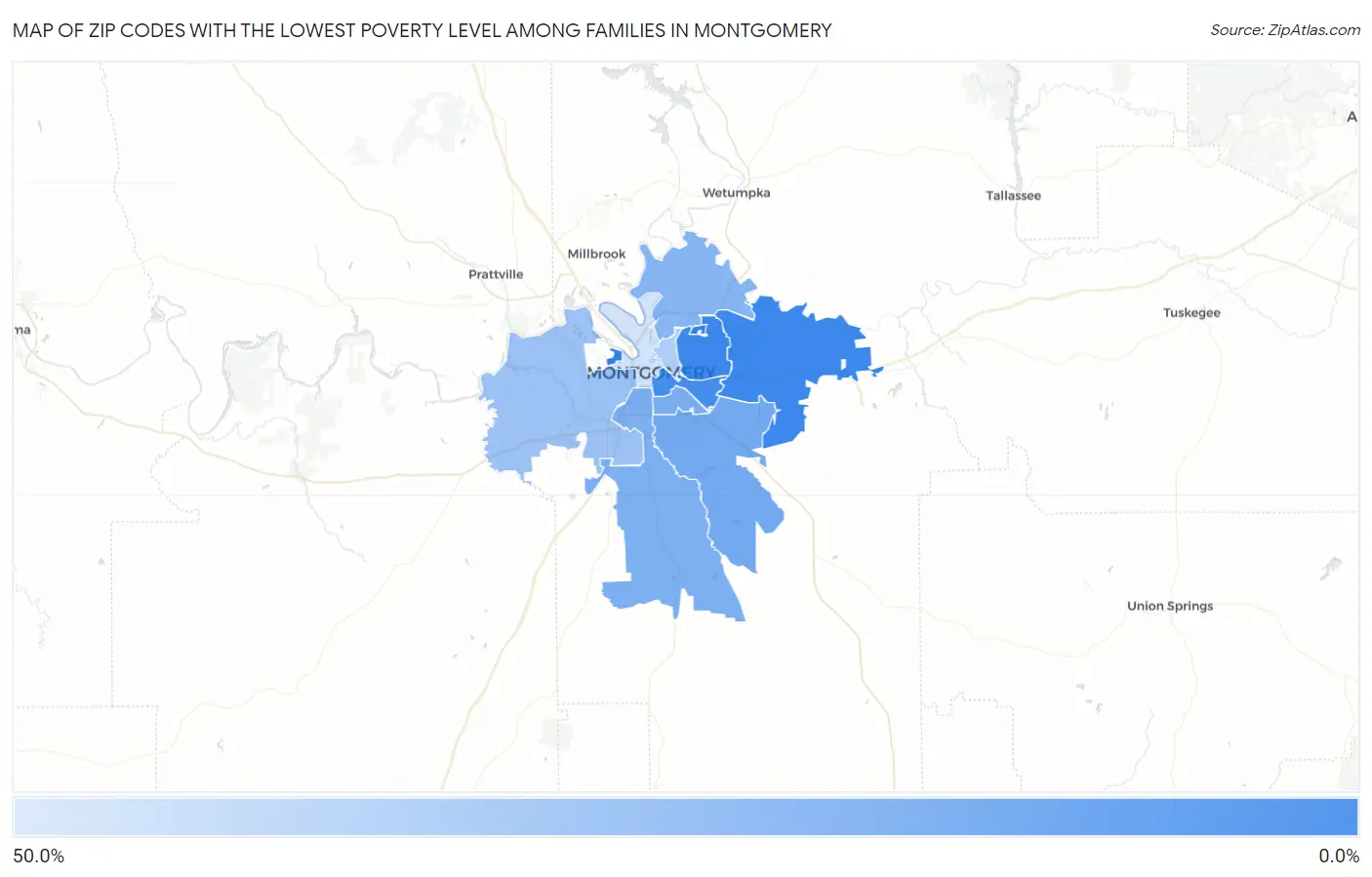 Zip Codes with the Lowest Poverty Level Among Families in Montgomery Map