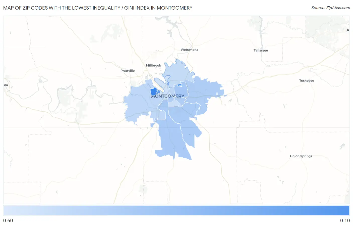 Zip Codes with the Lowest Inequality / Gini Index in Montgomery Map