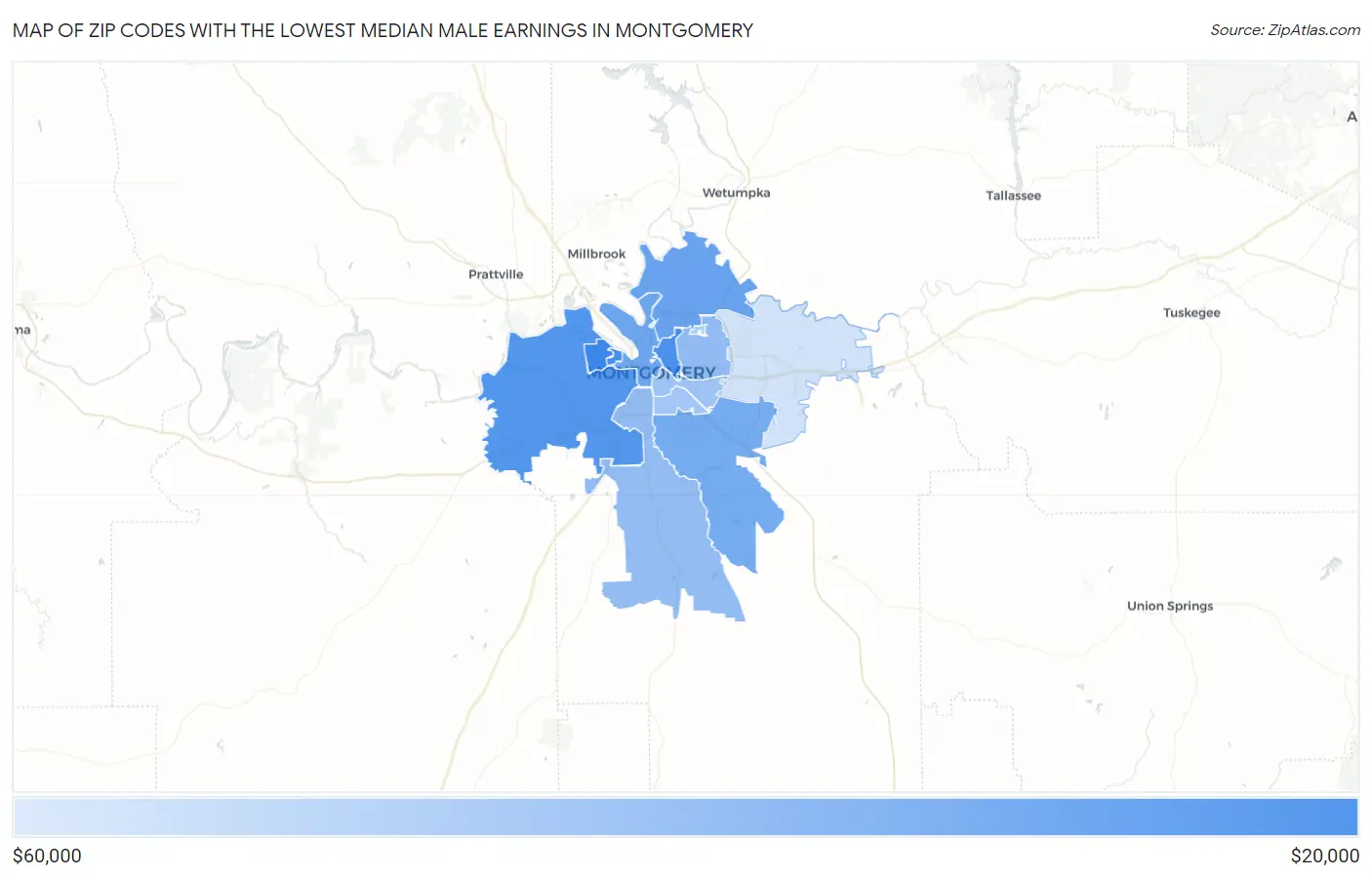 Zip Codes with the Lowest Median Male Earnings in Montgomery Map