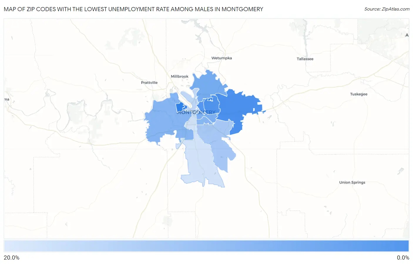 Zip Codes with the Lowest Unemployment Rate Among Males in Montgomery Map