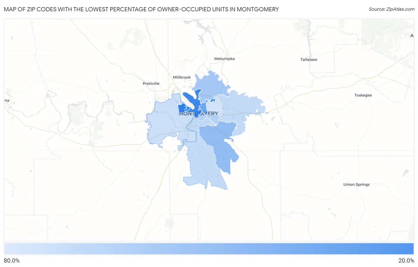 Zip Codes with the Lowest Percentage of Owner-Occupied Units in Montgomery Map