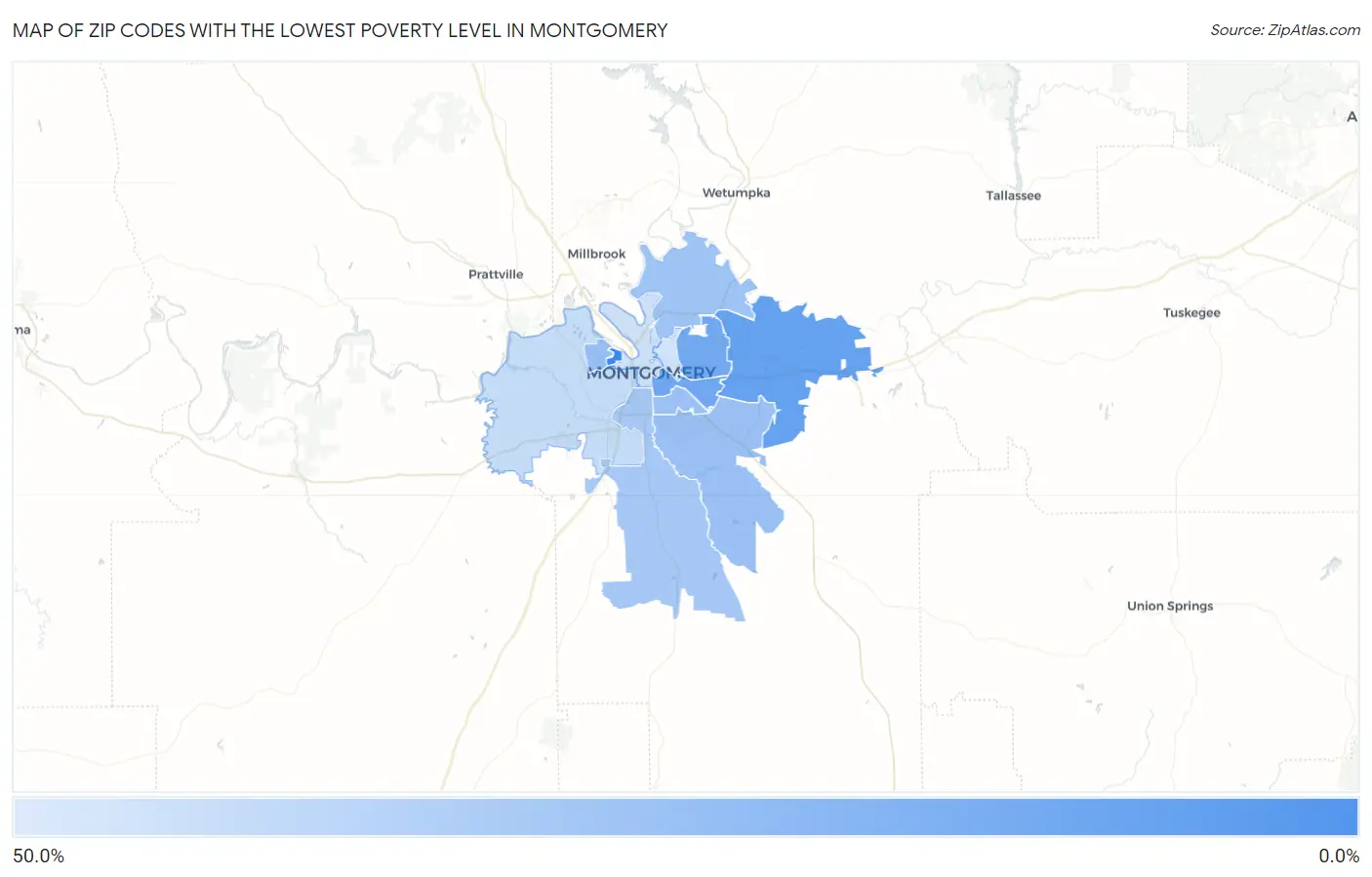 Zip Codes with the Lowest Poverty Level in Montgomery Map