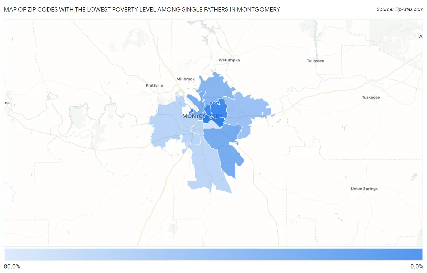 Zip Codes with the Lowest Poverty Level Among Single Fathers in Montgomery Map