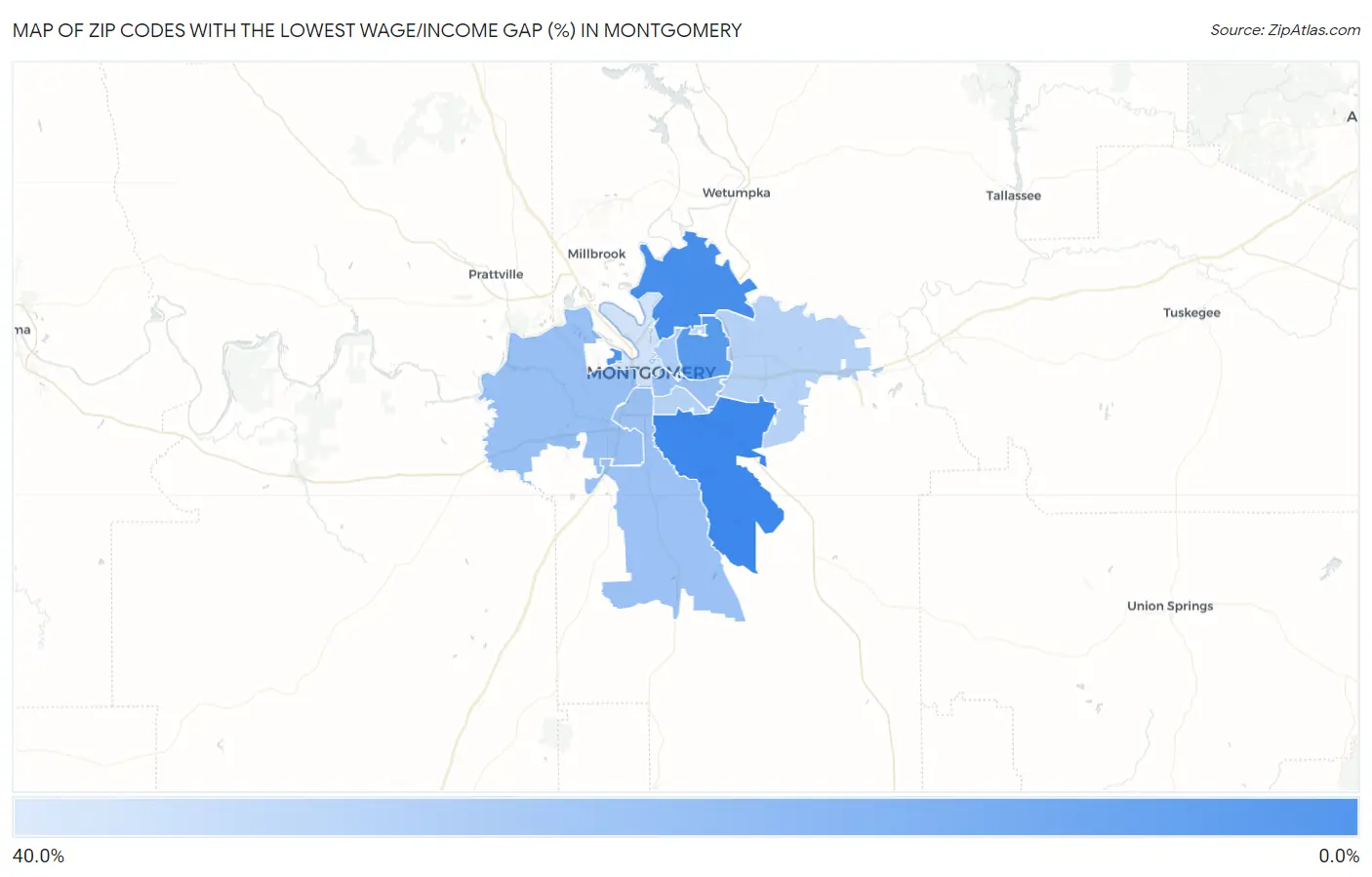 Zip Codes with the Lowest Wage/Income Gap (%) in Montgomery Map