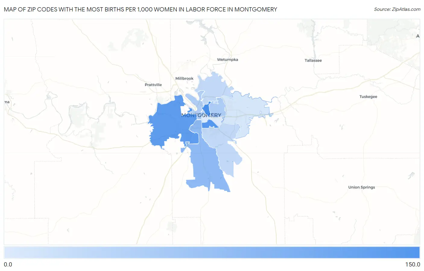 Zip Codes with the Most Births per 1,000 Women in Labor Force in Montgomery Map