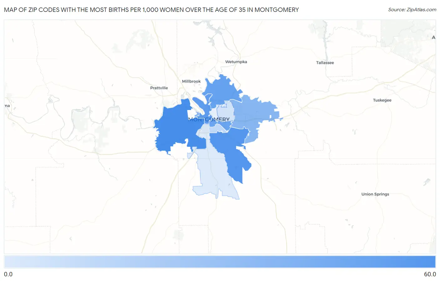 Zip Codes with the Most Births per 1,000 Women Over the Age of 35 in Montgomery Map