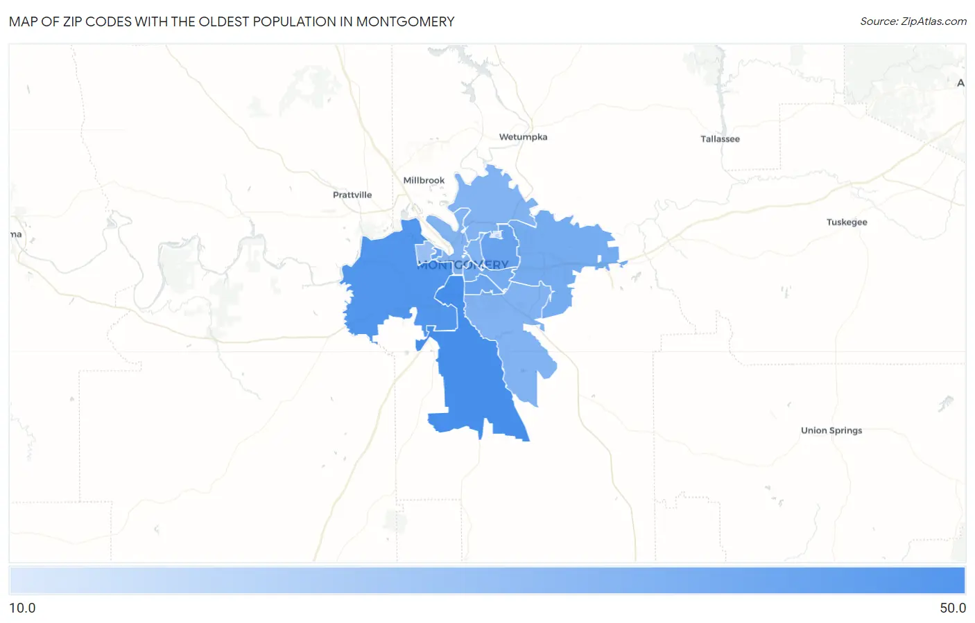 Zip Codes with the Oldest Population in Montgomery Map
