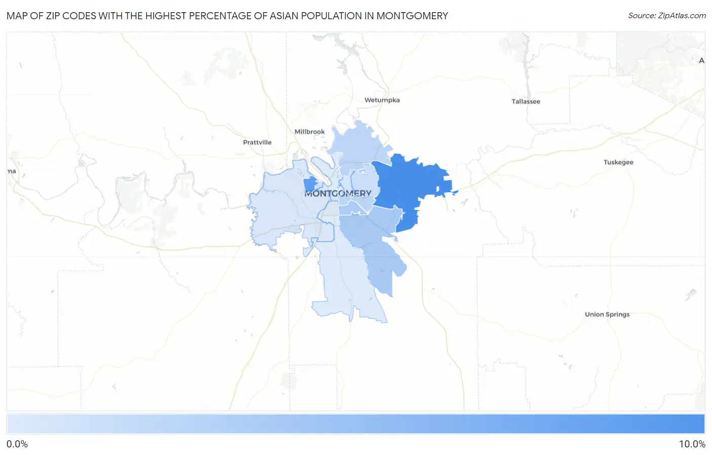 Zip Codes with the Highest Percentage of Asian Population in Montgomery Map