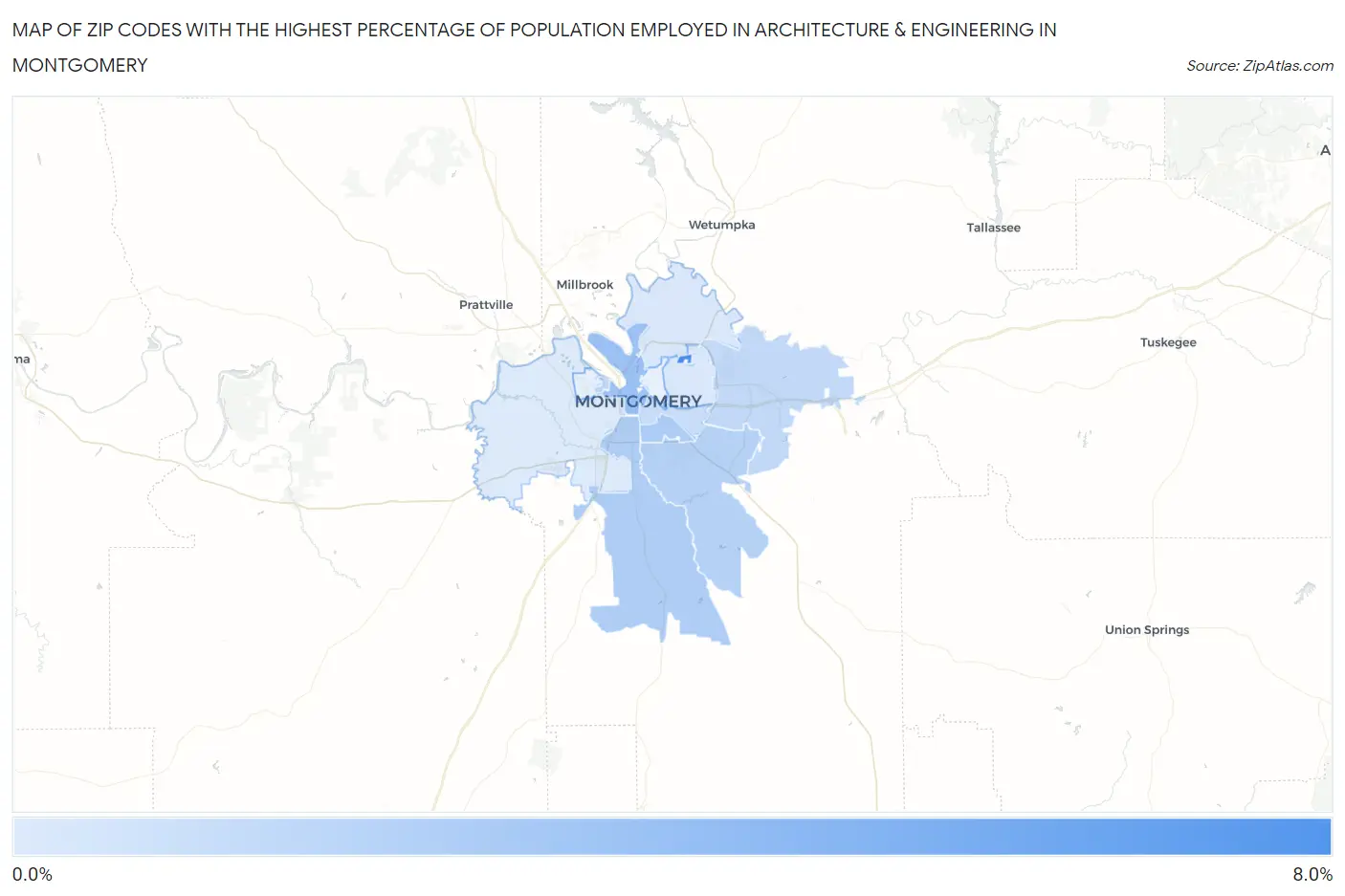 Zip Codes with the Highest Percentage of Population Employed in Architecture & Engineering in Montgomery Map
