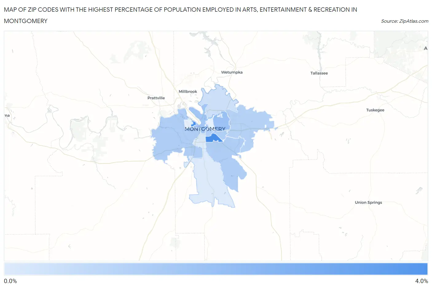 Zip Codes with the Highest Percentage of Population Employed in Arts, Entertainment & Recreation in Montgomery Map