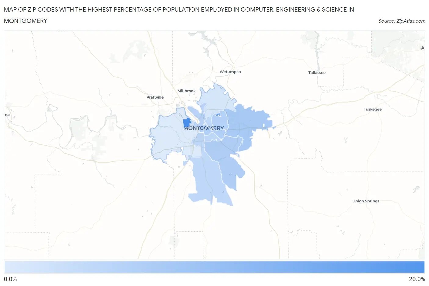 Zip Codes with the Highest Percentage of Population Employed in Computer, Engineering & Science in Montgomery Map