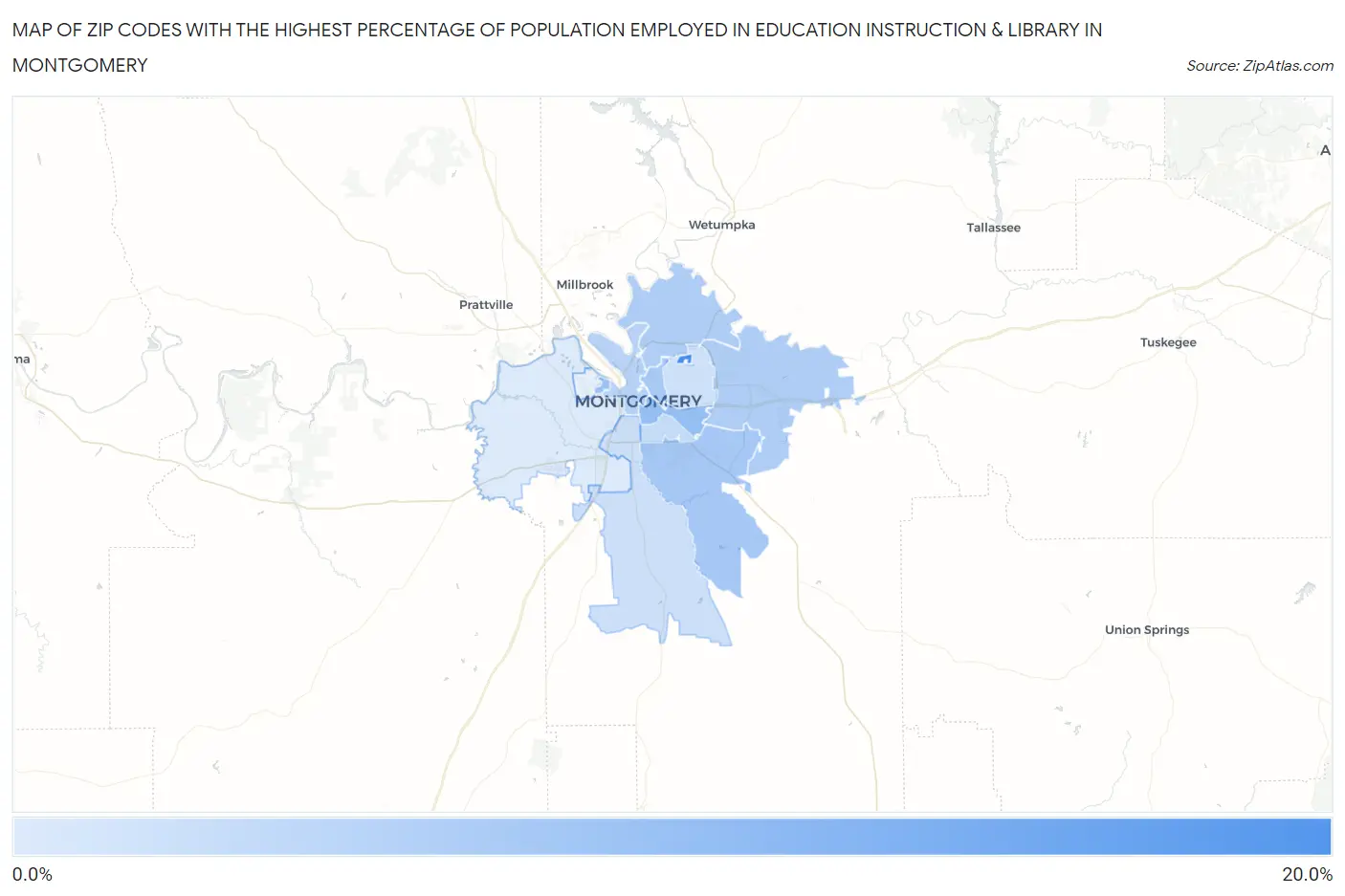 Zip Codes with the Highest Percentage of Population Employed in Education Instruction & Library in Montgomery Map