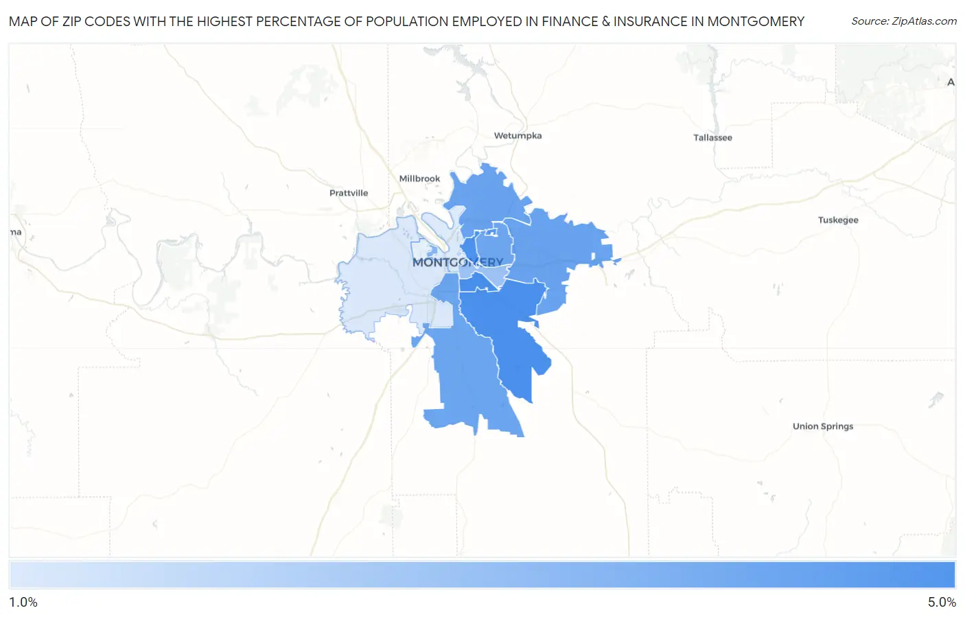 Zip Codes with the Highest Percentage of Population Employed in Finance & Insurance in Montgomery Map