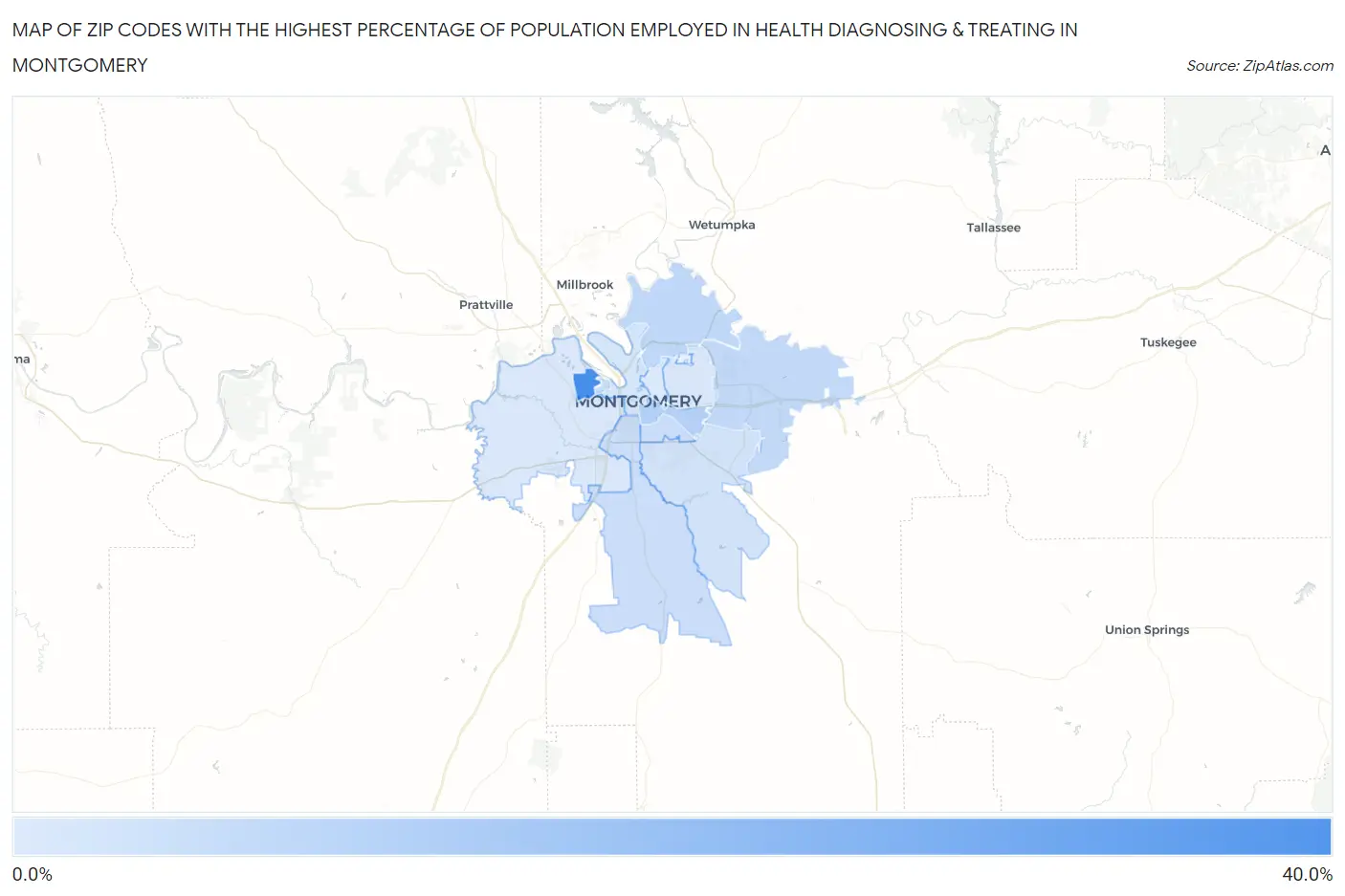 Zip Codes with the Highest Percentage of Population Employed in Health Diagnosing & Treating in Montgomery Map