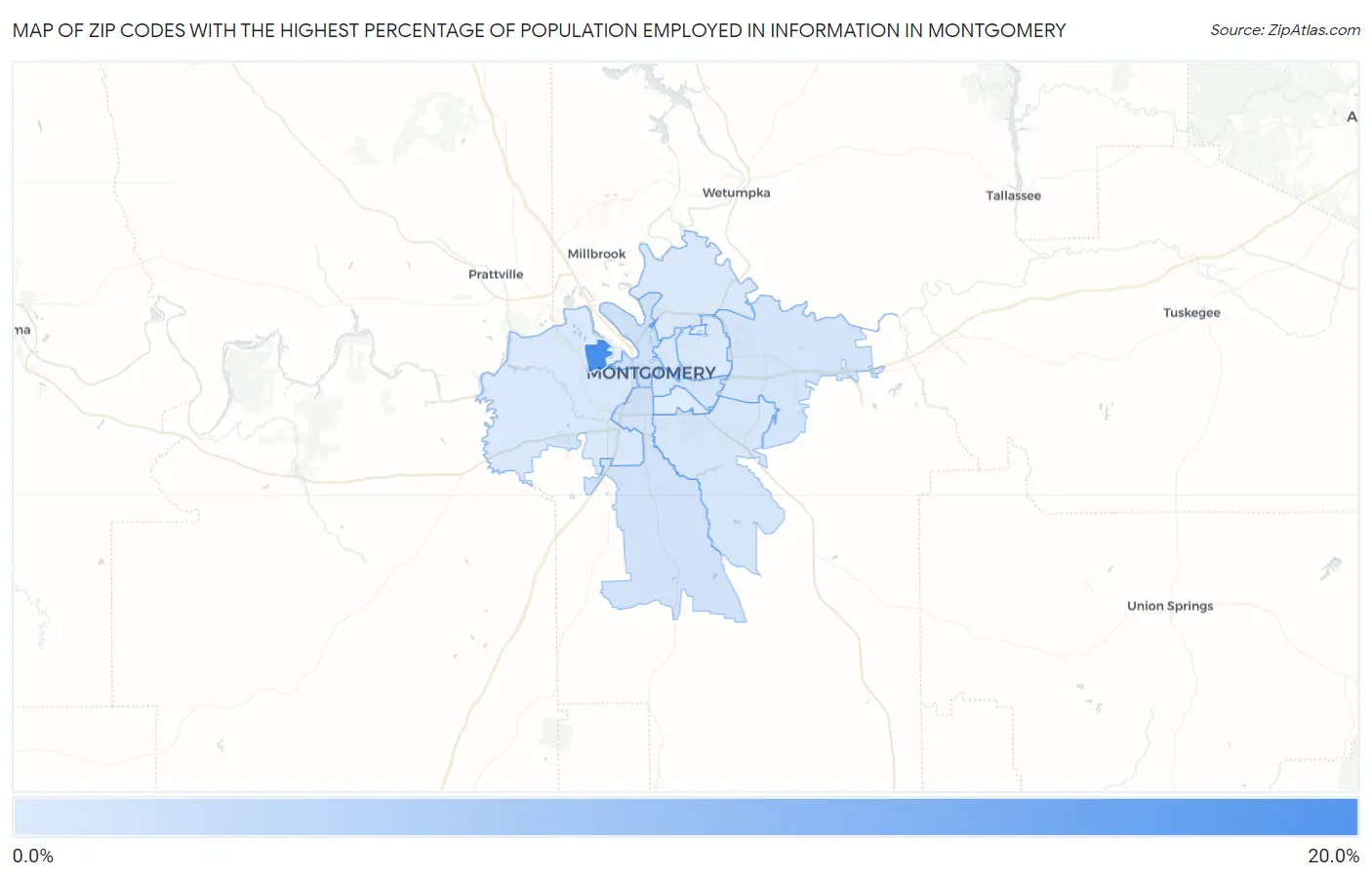Zip Codes with the Highest Percentage of Population Employed in Information in Montgomery Map