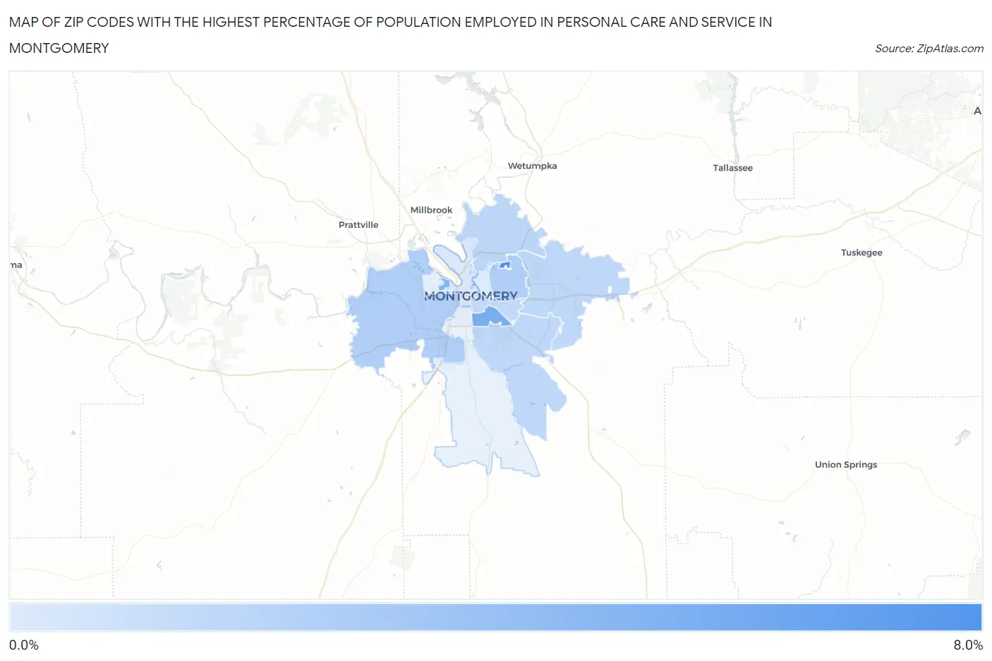 Zip Codes with the Highest Percentage of Population Employed in Personal Care and Service in Montgomery Map