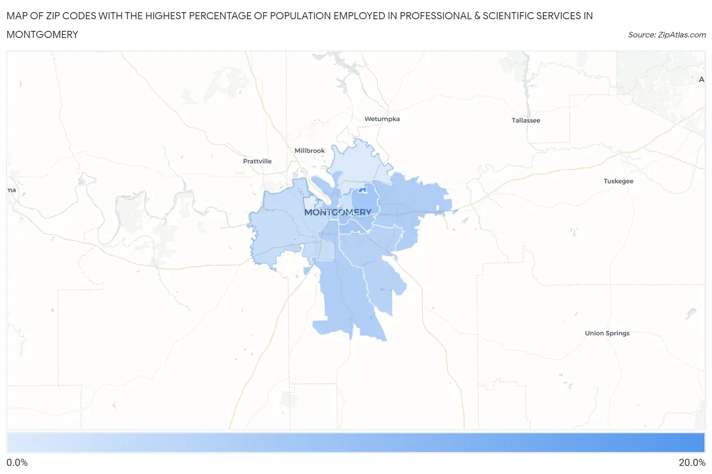 Zip Codes with the Highest Percentage of Population Employed in Professional & Scientific Services in Montgomery Map