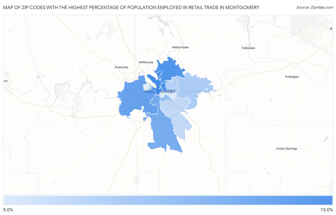 Zip Codes with the Highest Percentage of Population Employed in Retail Trade in Montgomery Map