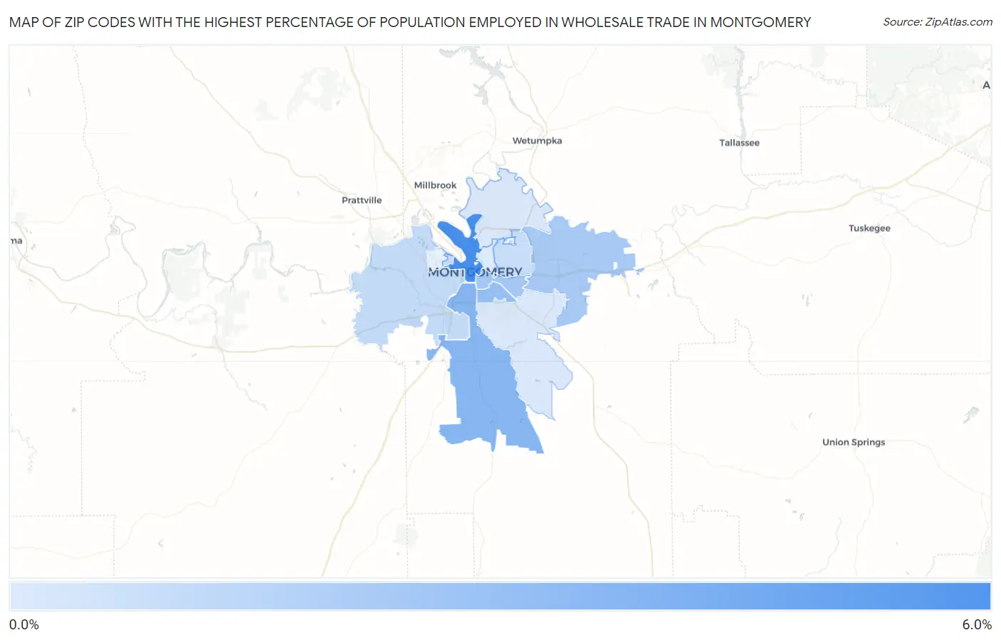 Zip Codes with the Highest Percentage of Population Employed in Wholesale Trade in Montgomery Map