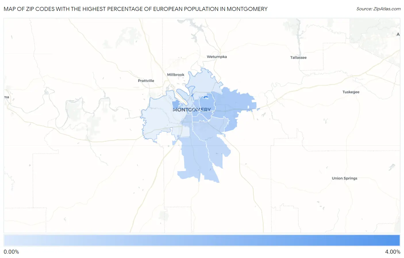 Zip Codes with the Highest Percentage of European Population in Montgomery Map